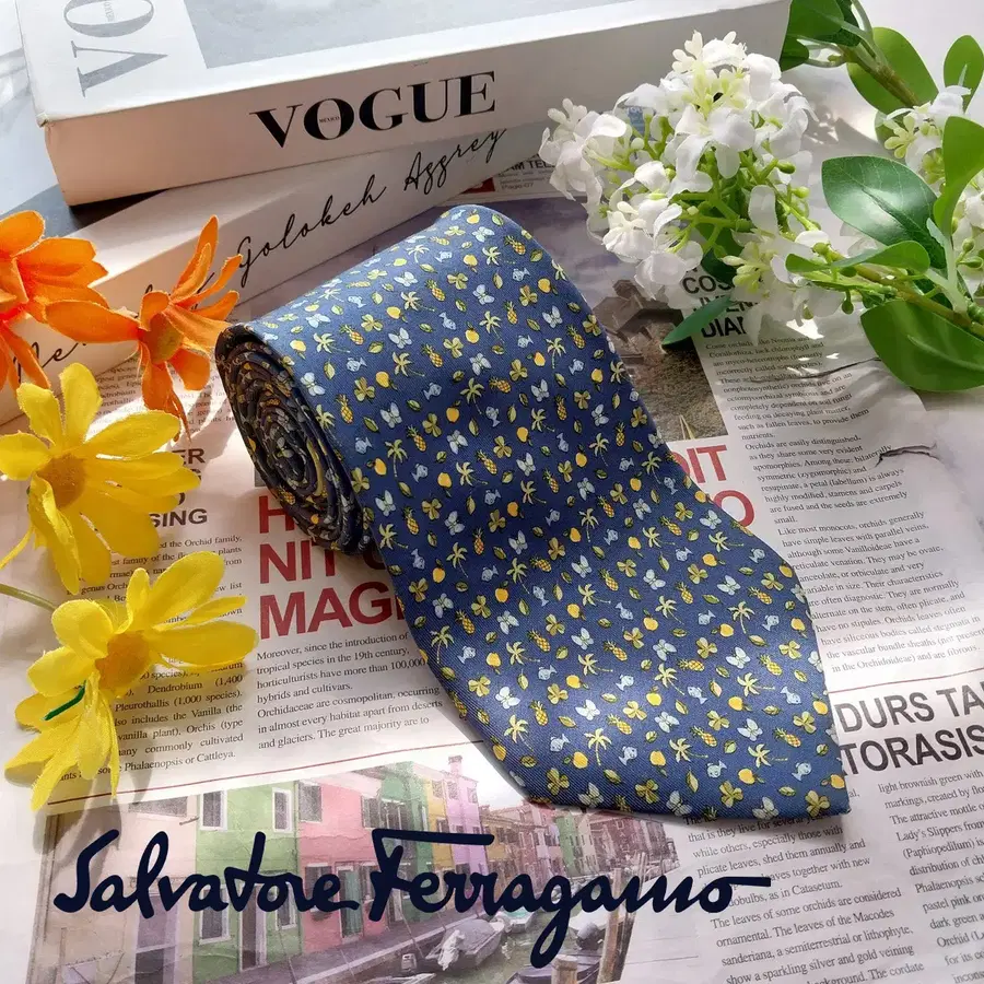 페라가모 블루 트로피컬 자연 모티브 넥타이 9.6cm A등급 K3460