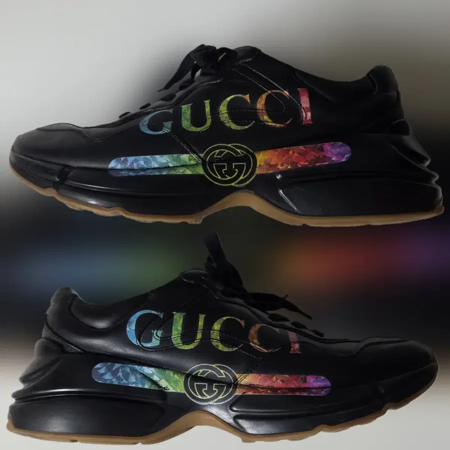 [GUCCI]구찌 라이톤 레인보우 로고 블랙 레더 스니커즈