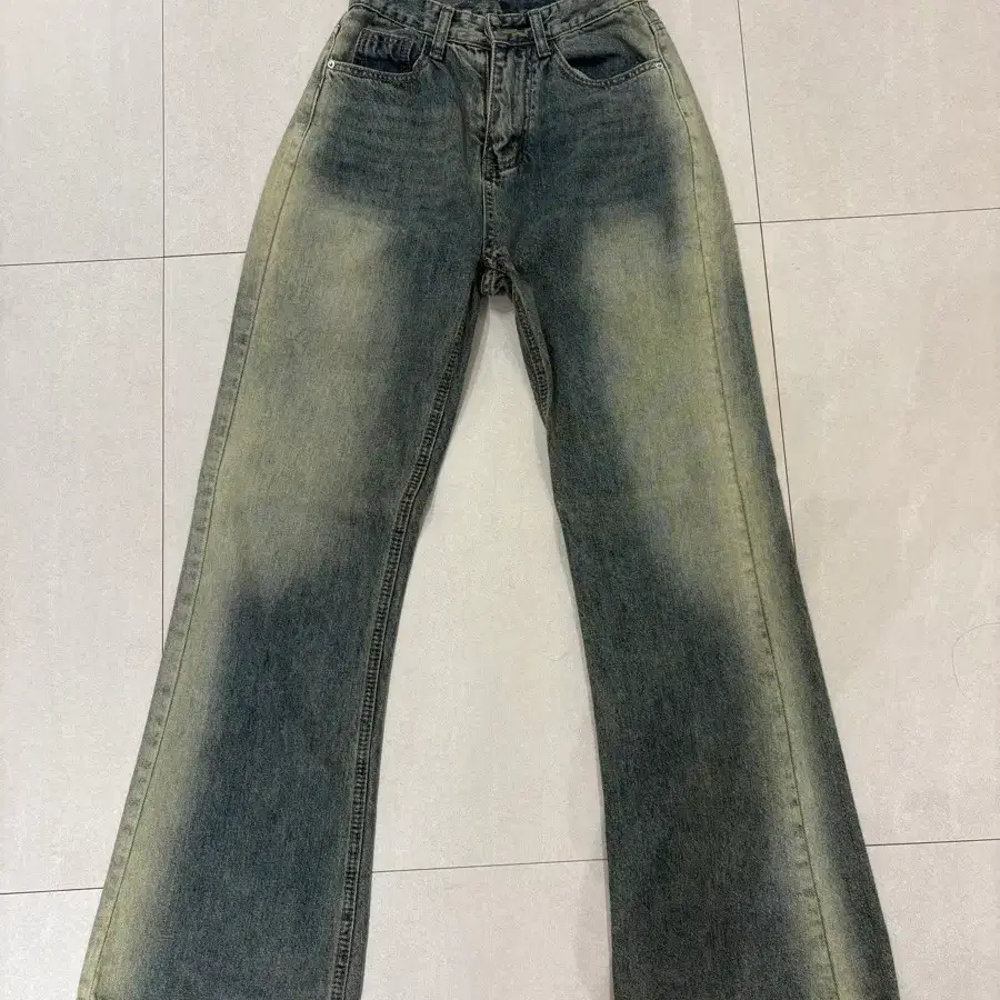 빈티지 워싱 중청 데님 세미 부츠컷 일자 롱 팬츠 청바지 S