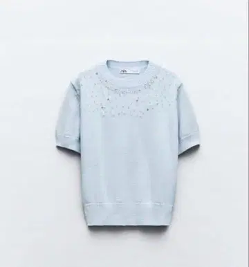 ZARA 자라 스카이블루 반팔 니트 비쥬