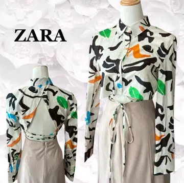 ZARA [ 자라 ] 셔츠 블라우스 [ F ] 화이트 긴팔 추상 패턴 올 패턴 크롭