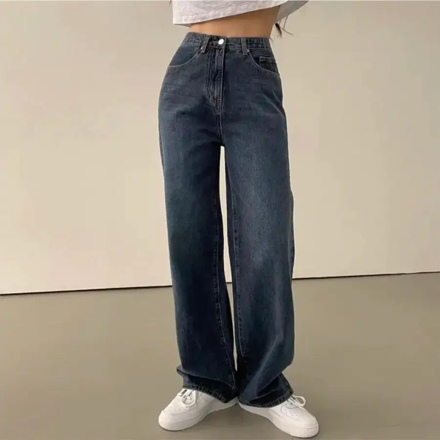 앤드모어 하이웨스트 일자 와이드 데님팬츠 진청 숏L