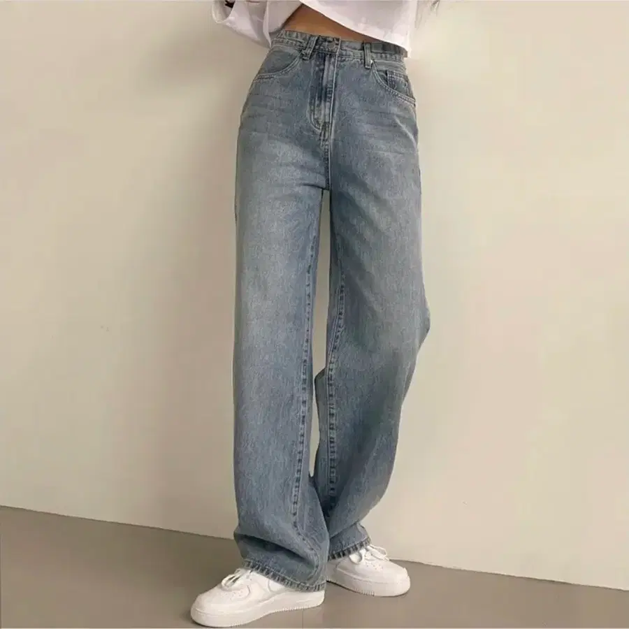 앤드모어 하이웨스트 일자 와이드 데님팬츠 연청 숏L