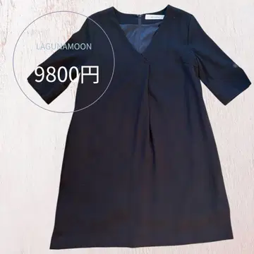 [ 새상품급 ] LAGUNAMOON 블랙 V넥 5부 소매 무릎 기장 포멀 원피스