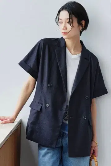 green label relaxing 린넨 라이크 하프 슬리브 자켓