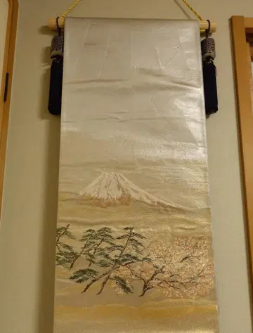[낙관 있음] 후쿠로 오비 요코야마 다이칸 주라쿠 후지레이호 금도금 박 골드 컬러 오타이코 패턴 순수 실크