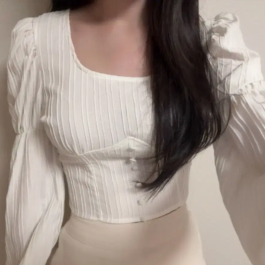 퍼프 소매 셔링 흰색 블라우스 화이트