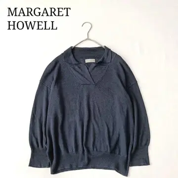 MARGARET HOWELL 긴팔 니트 코튼 얇은 소재 무지 옷깃 내추럴