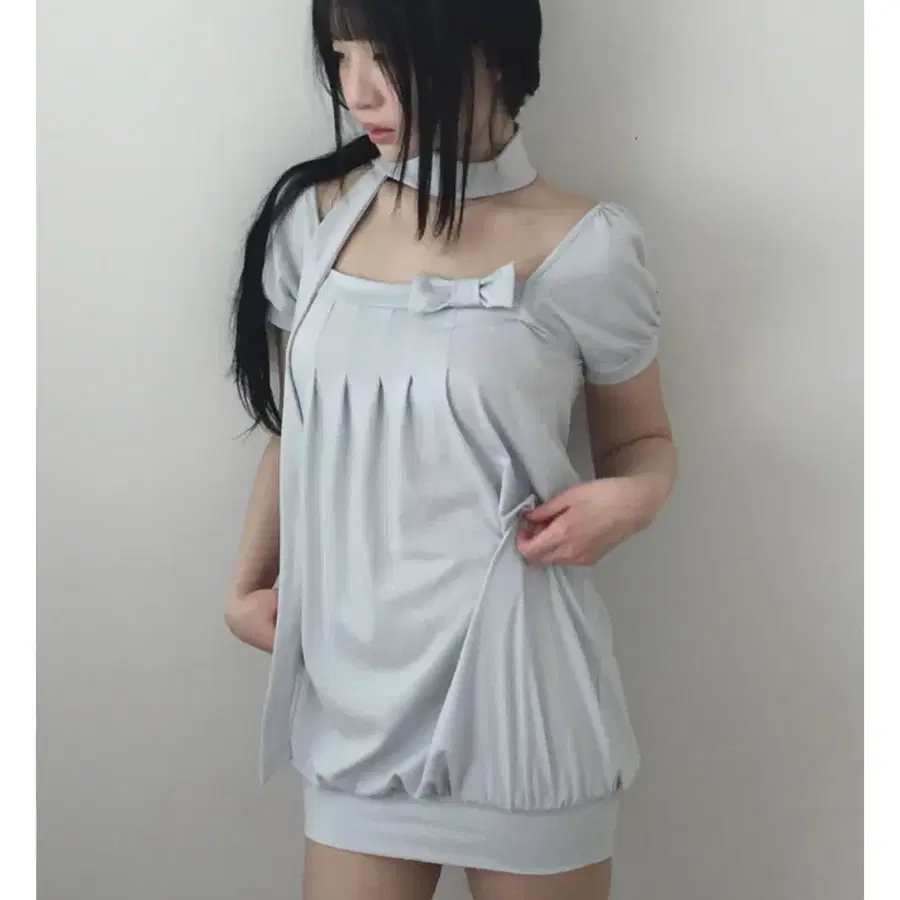 엔젤넘버555 리본 플리츠 원피스 베이비블루