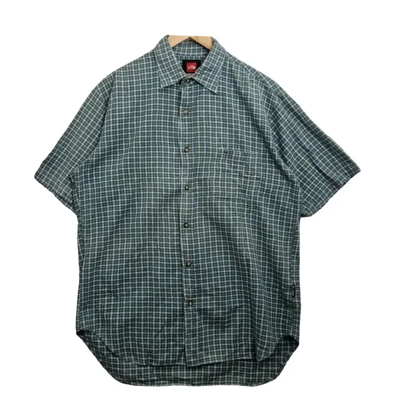 THE NORTH FACE 노스페이스 ROCKSOLID 그린 체크 반팔 셔츠 [M] 코튼 100%