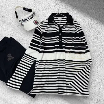 컨디션 최상 Munsingwear 골프 피케 셔츠 보더 LL 긴팔 블랙 화이트
