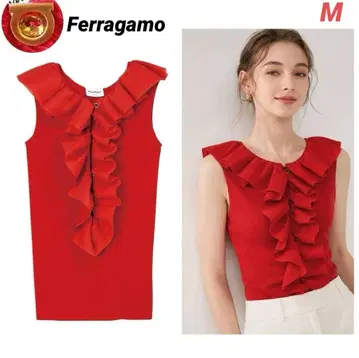 택 포함 새상품 Ferragamo 실크 옷깃 프릴 슬리브리스 금장 장식 빨간색 M