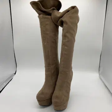 [ R&E ] 니하이 부츠 베이지 스웨이드 느낌 통굽 핑힐 24.5cm