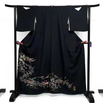사가라 자수 미착용 검정 토메소데 다이묘 행렬 금실 은실 오츠몬 기모노 013b d ms