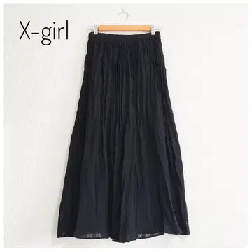 택 포함 새상품 X-girl 플리츠 쉬폰 롱 스커트 체크 무늬 블랙