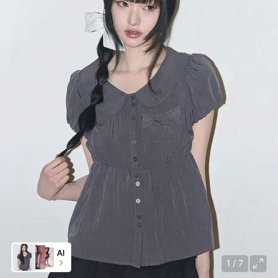 일리고 포밍 리본 퍼프 블라우스 차콜