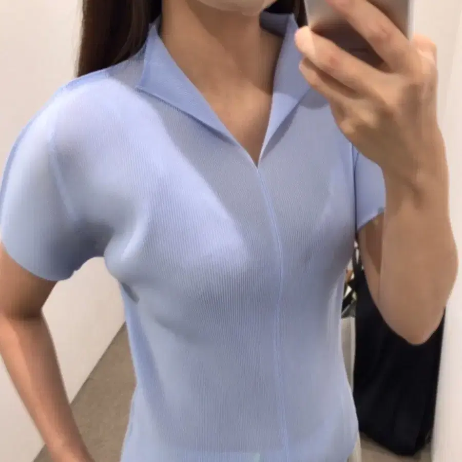 플리츠플리즈 카라미스트 파스텔블루 이세이미야케 반팔블라우스