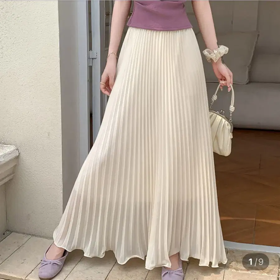 플리츠 롱 스커트 아이보리. NS499 데일리 산뜻 플리츠 밴딩 롱 스커트