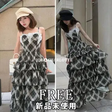 다리치 스캘럽 레이스 체크 쉬폰 롱 원피스 BLK FREE