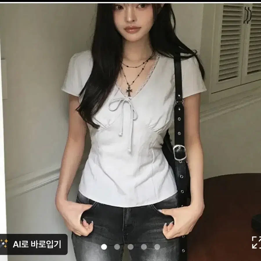 리본 반팔 블라우스