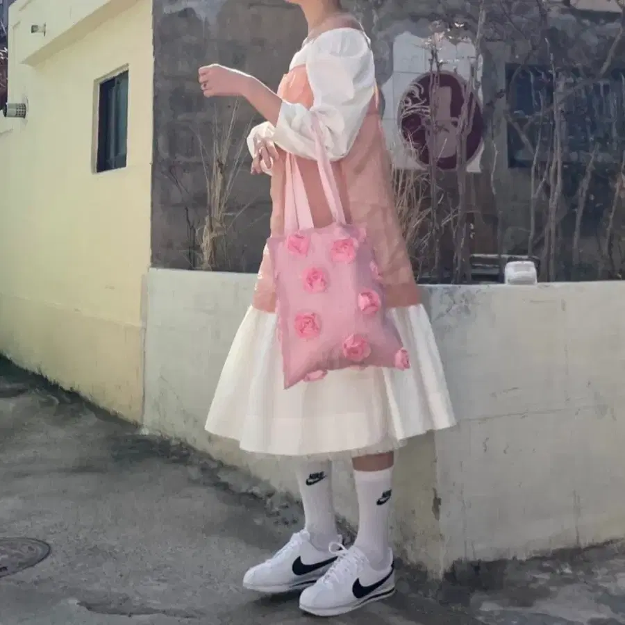 [소미몬트] 플라워 레이스 에코백 핑크