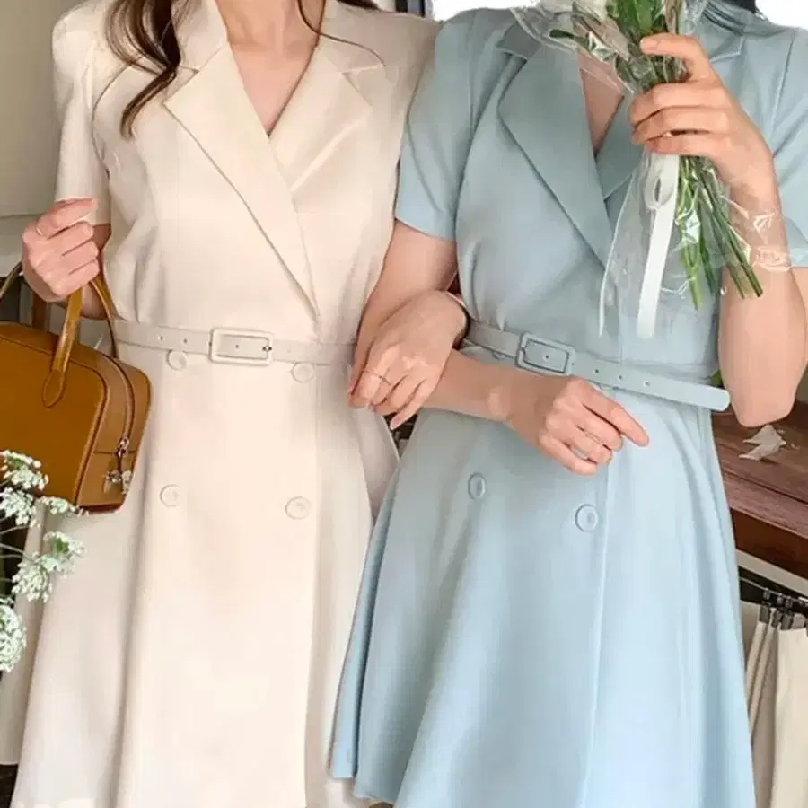 아뜨랑스 다이브 더블버튼 미니 원피스 옐로우(아이보리) 벨트 X