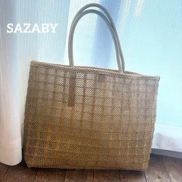 [ SAZABY ] 사자비 스퀘어 토트백 뜨개질 엮음 바스켓 가죽