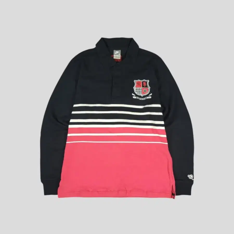 나이키 X 호나우지뉴 00s 블랙 화이트 핑크 배색 스우시 크레스트 로고 스트라이프 히든버튼 카라넥 헤비코튼 럭비티 긴팔 티셔츠 롱슬리브 M