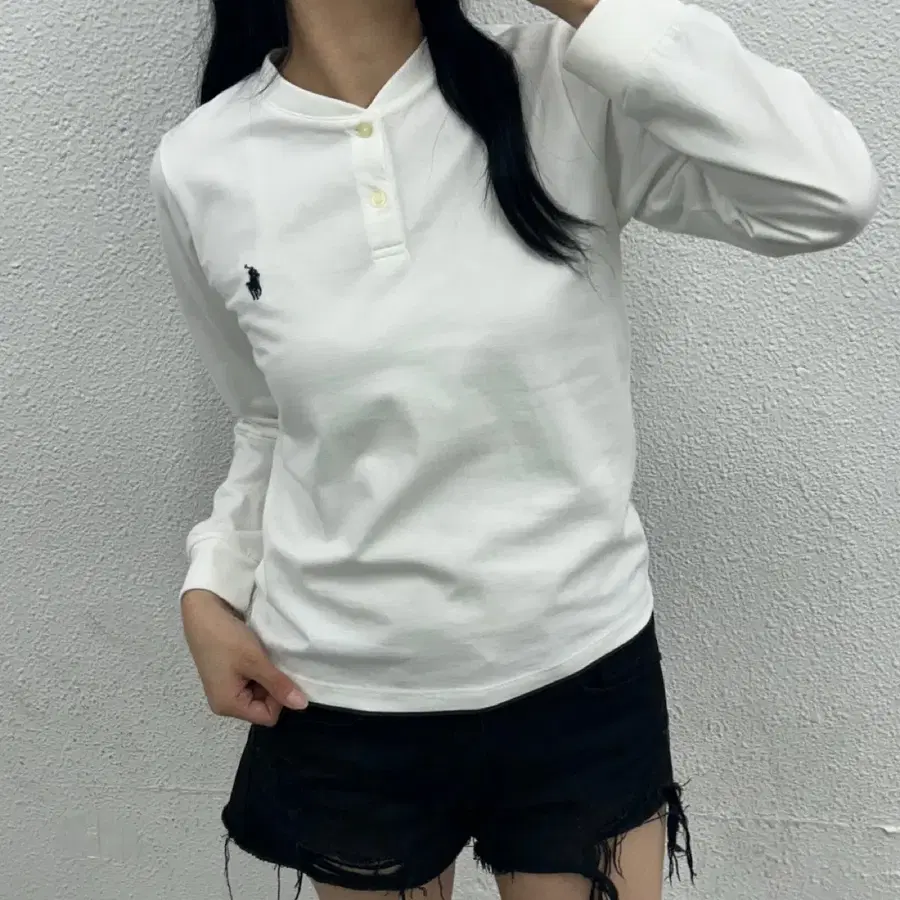 폴로 랄프로렌 네이비포니 화이트 헨리넥 롱슬리브 L