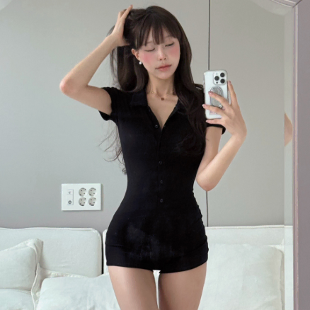 클라우드이모션 글램 점프슈트 블랙 반팔 골지