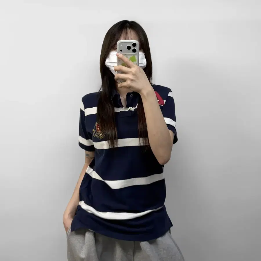폴로 랄프로렌 크레스트 로고 스트라이프 카라티 네이비