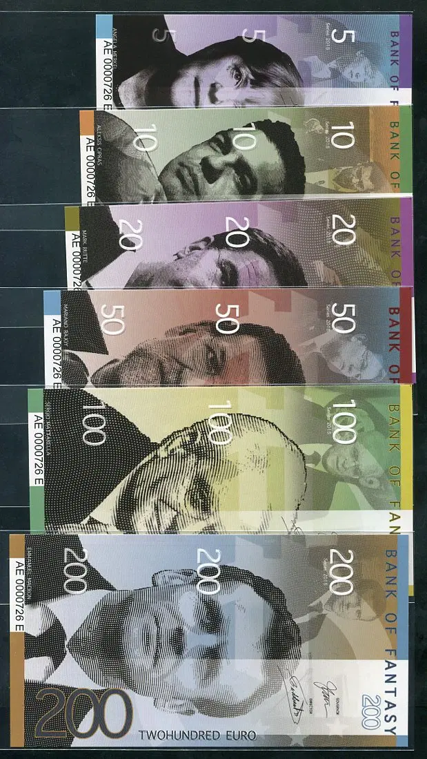 뱅크오브판타시은행 5,10,20,50,100,200유로 지폐 참조품