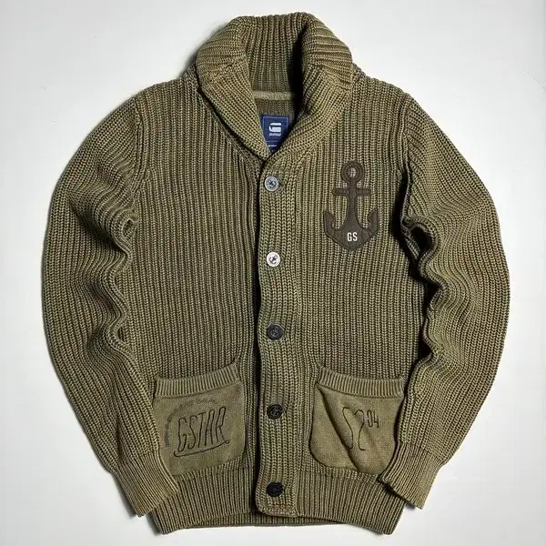 지스타로우 자수 로고 숄카라 니트 가디건 R3506