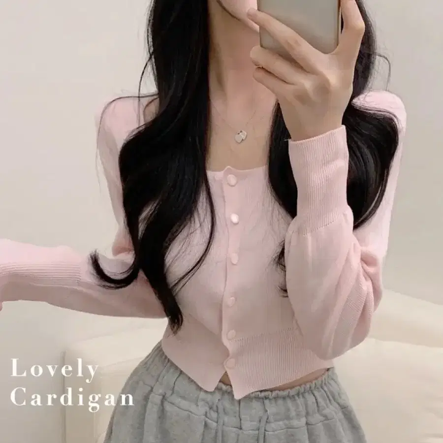 에이블리 벚꽃룩 베리버블 소프티 스퀘어넥 크롭 가디건 핑크 허리잘록