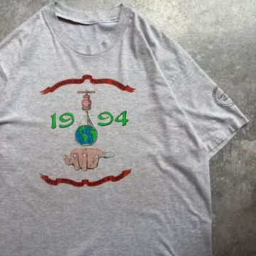 90년대 1994 수도국 지구 핸드사인 티셔츠 그레이