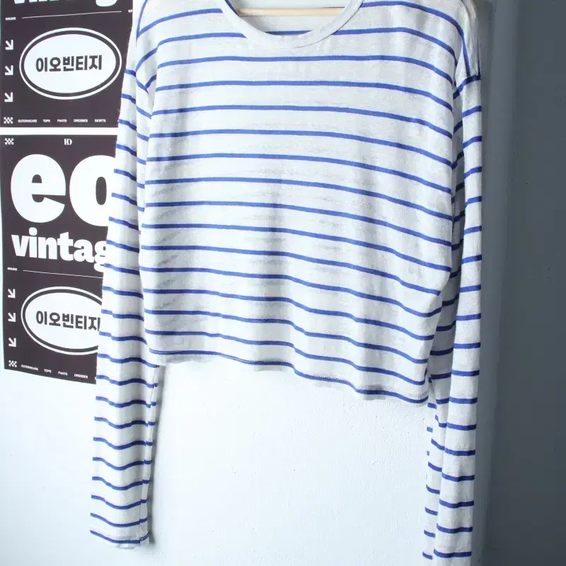 W(S-M) 브랜드빈티지 긴팔티셔츠 스트라이프 크롭 블루-H37954