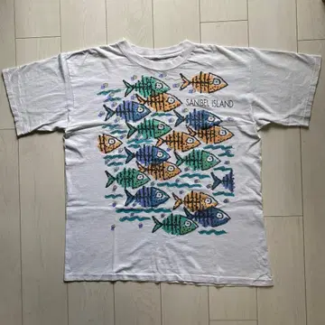 90s USA제 싱글 스티치 화이트 아트 물고기 수베니어 T셔츠