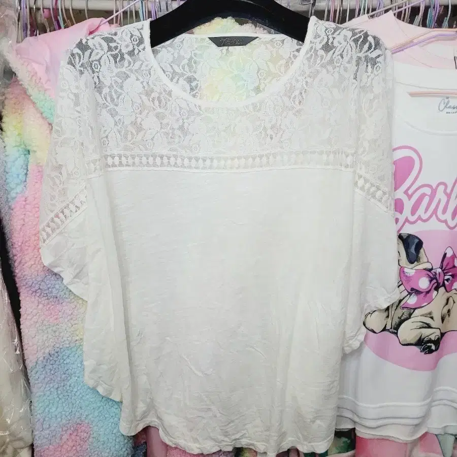 레이스 배색 반팔 티셔츠 화이트 수입