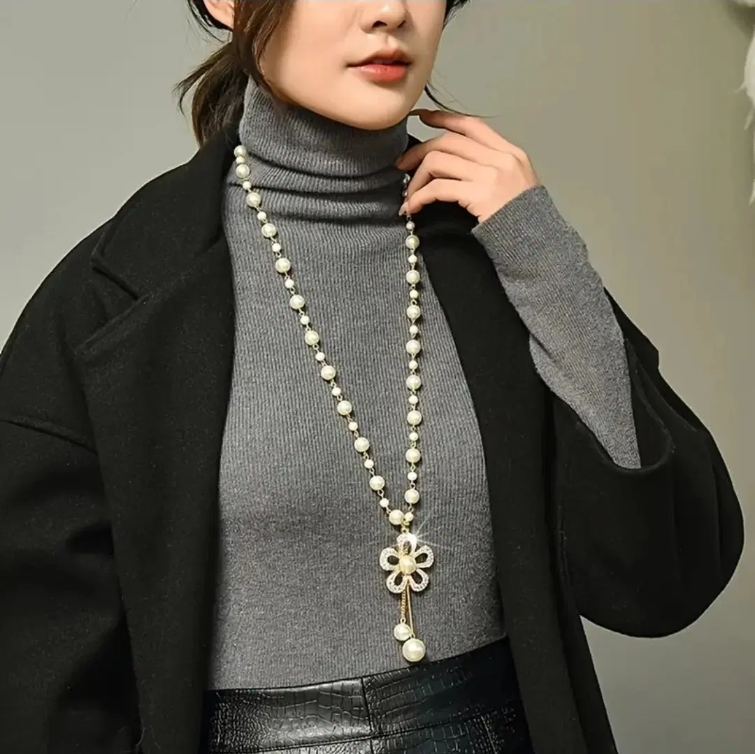 진주 꽃 모양 롱 목걸이 새상품