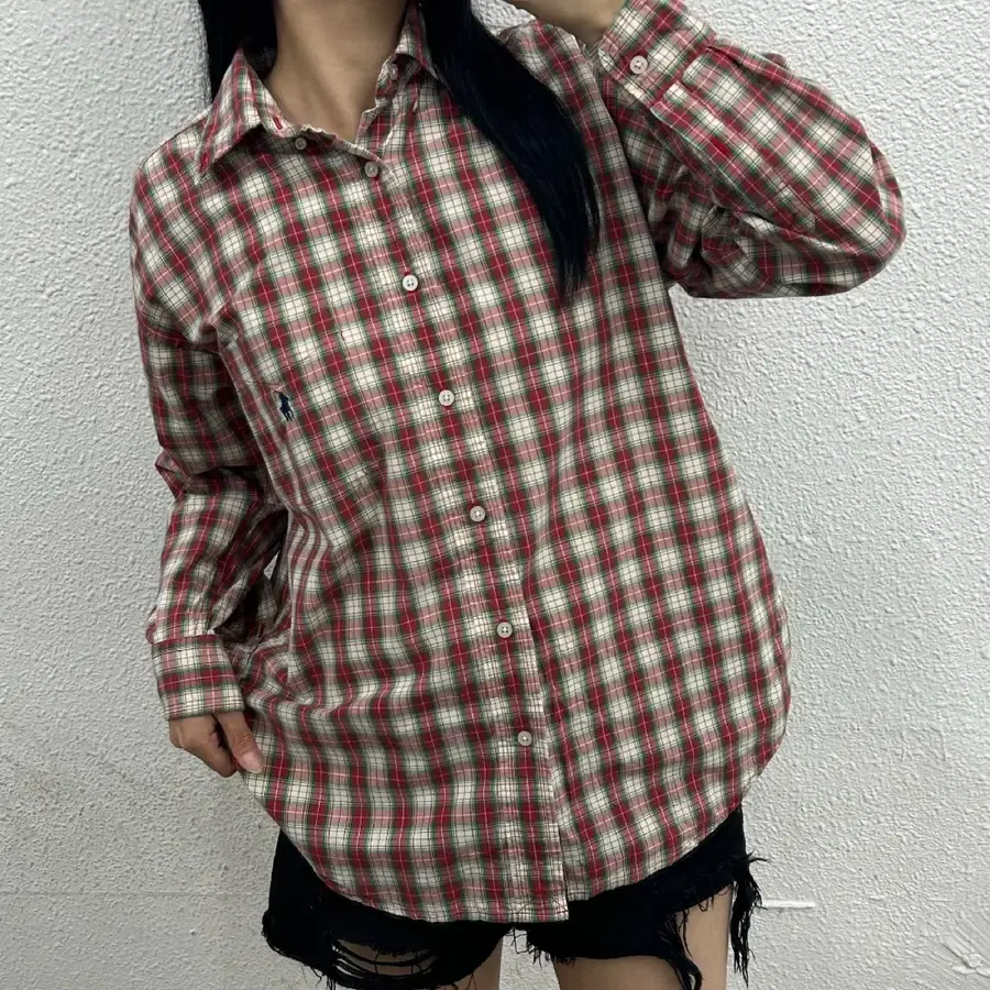 폴로 랄프로렌 네이비포니 레드체크 셔츠 L