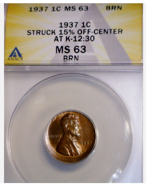 1937 링컨페니 오류 ANACS MS63 오프 센터 링컨 밀 센트 코인