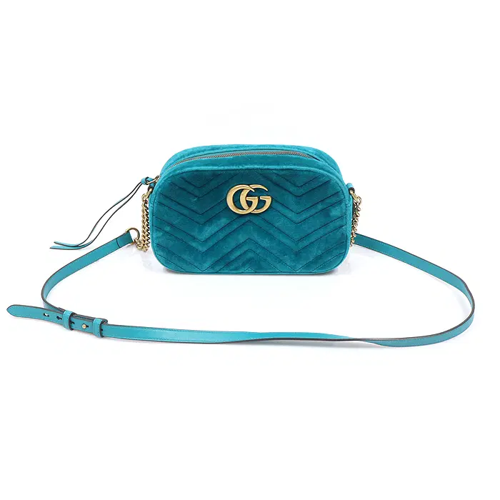 Gucci(구찌) 447632 페트롤 블루 벨벳 마틀라세 쉐브론 GG 마몽 스몰 체인 숄더백 MGD45020GU