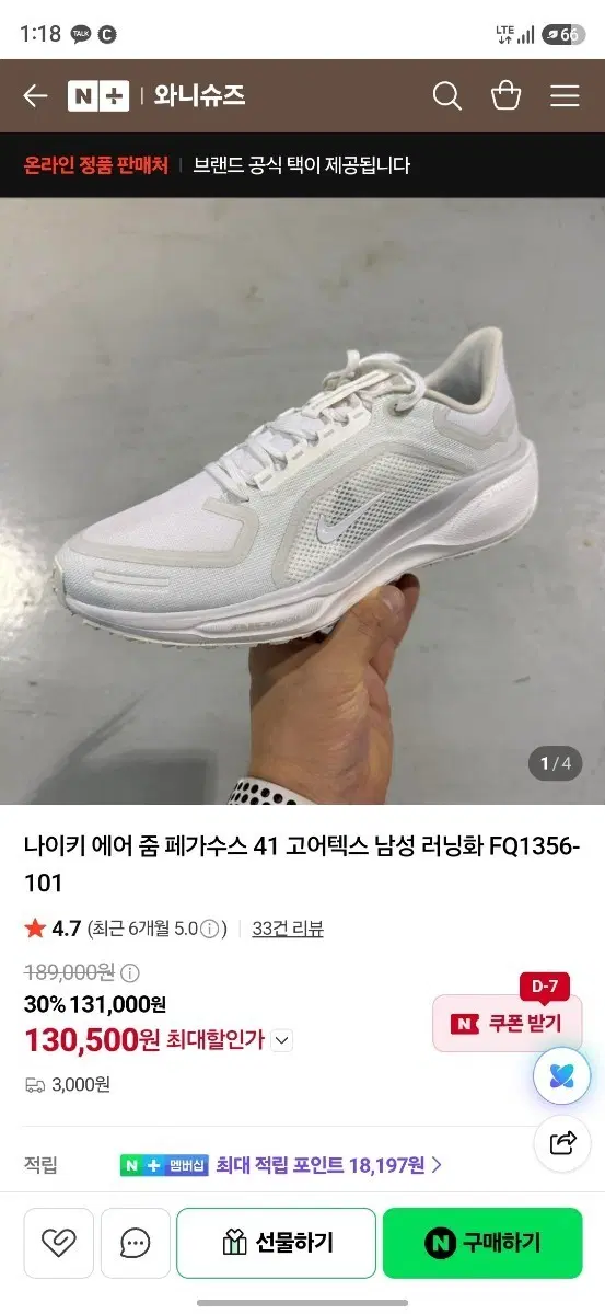 나이키 에어 줌 페가수스 41 고어텍스 남성 러닝화 FQ1356-101