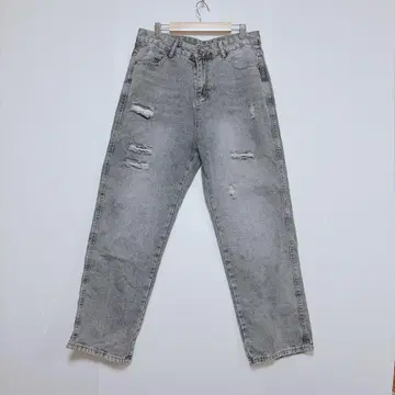 데미지 가공 와이드 데님 팬츠 XL 케미컬 워시 청바지