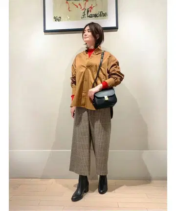 MACPHEE 내추럴 스트레치 체크 와이드 크롭 팬츠