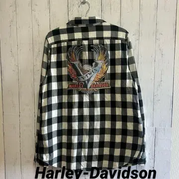 Harley-Davidson 체크 셔츠 긴팔 자수 로고 화이트 블랙 아메카지