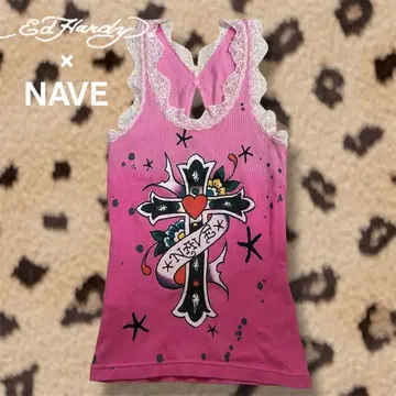 Ed hardy x NAVE Y2K 레이스 탱크탑 핑크 헤이세이