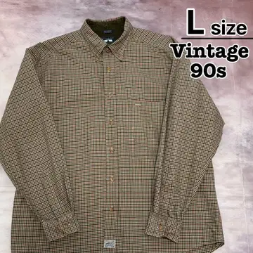 90s USA 구제 의류 버튼 다운 셔츠 긴팔 L 베이지 체크 무늬 코튼