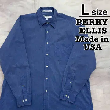 USA제 90s PERRY ELLIS 긴팔 셔츠 L 블루 무지 코튼