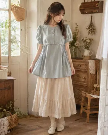 axes femme 모리걸 탁한 블루 퍼프 슬리브 리본 튜닉 F